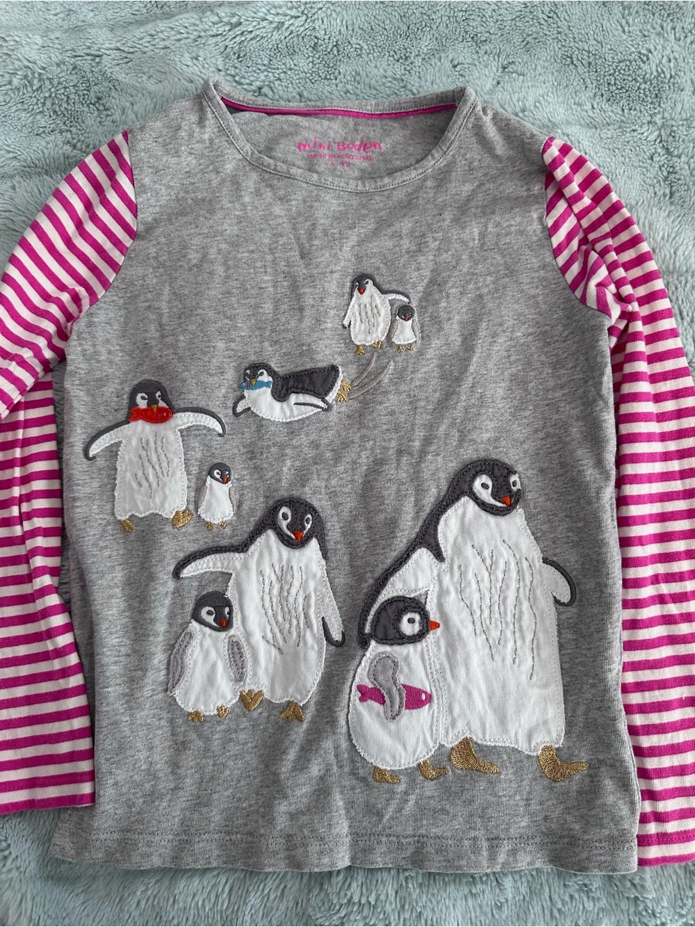 Mini Boden Gray Long Sleeve Top with Pink Striped Sleeves and Penguin Appliqués